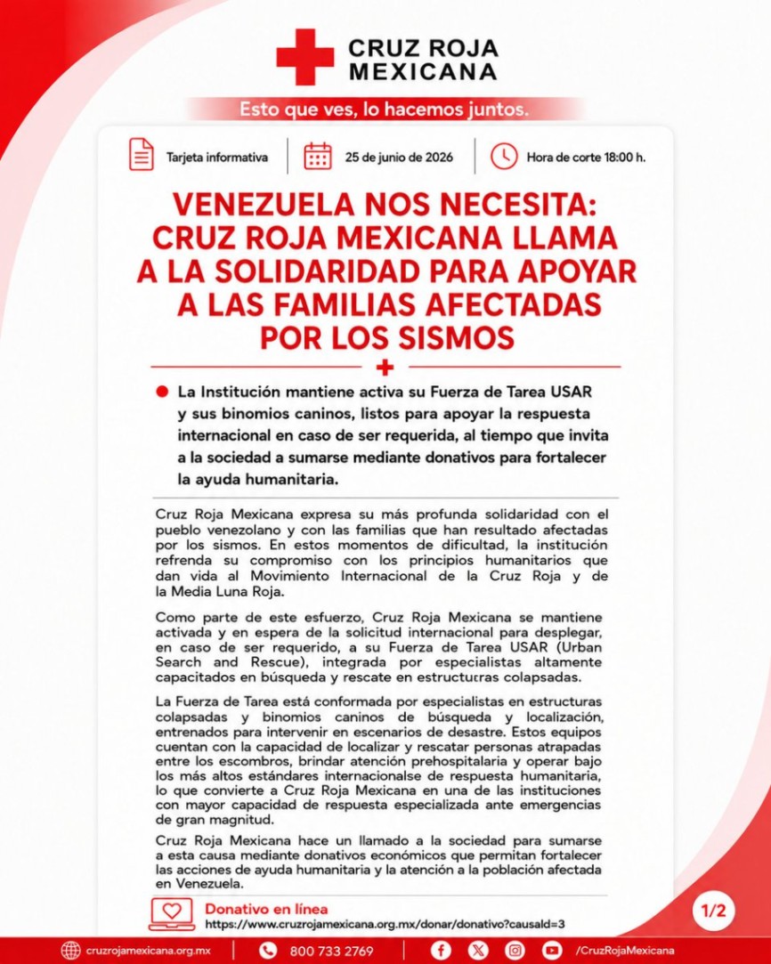 Anuncia Cruz Roja cuenta para donativos de ayuda a Venezuela