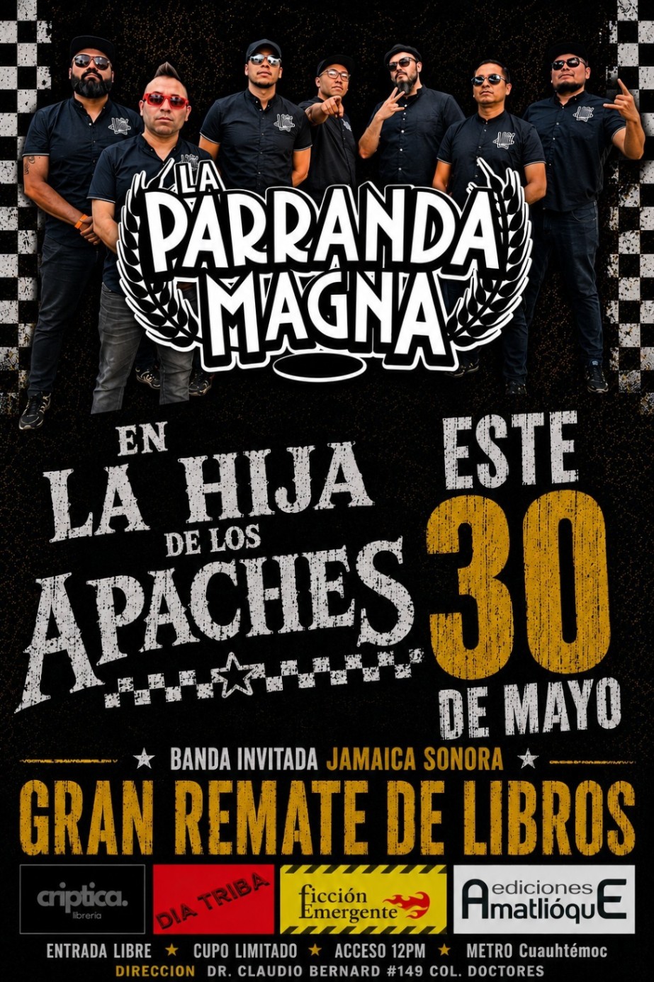 Flyer para Tocada de ska y remate de libros en la pulquería La Hija de los Apaches
